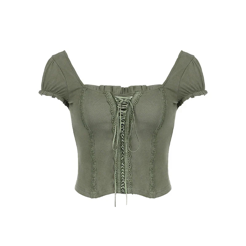 y2k Tops Coquette Clothing Lace Trim Tie Front V Neck Short Sleeve T Shirts 2000s Grunge Clothes Streetwear