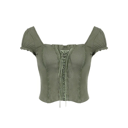 y2k Tops Coquette Clothing Lace Trim Tie Front V Neck Short Sleeve T Shirts 2000s Grunge Clothes Streetwear