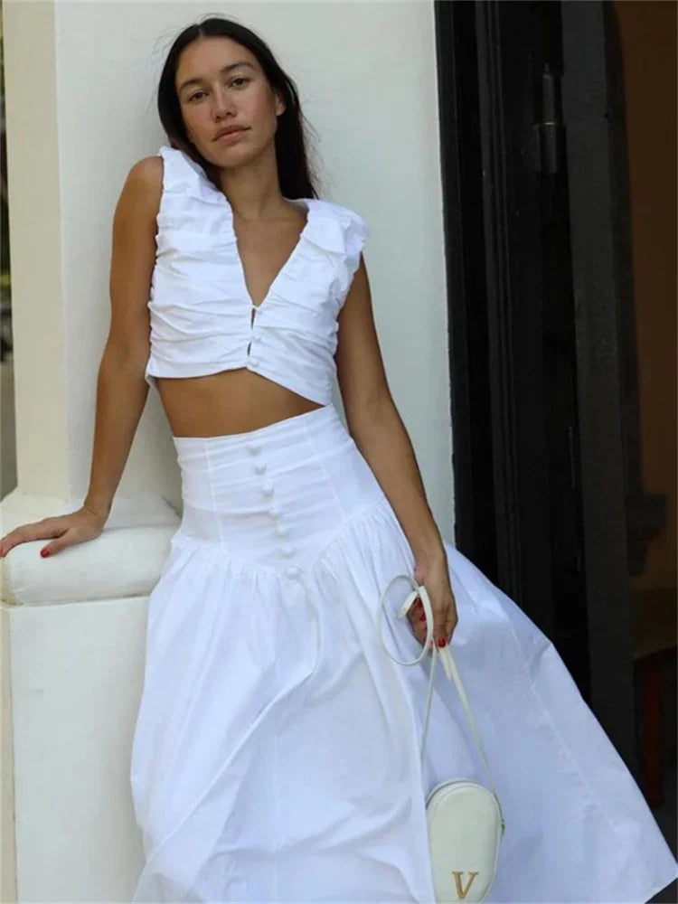 White Pleated 2 Piece-Set Maxi Skirt Women V-Neck Cropped Top And Patchwork Fashion Long Skirt Sets Ladies Solid Outfits