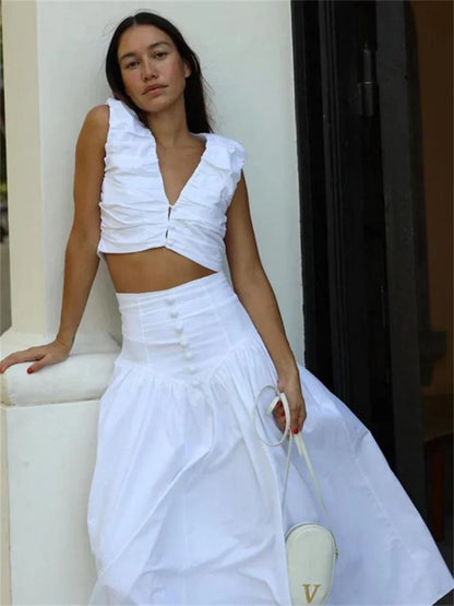 White Pleated 2 Piece-Set Maxi Skirt Women V-Neck Cropped Top And Patchwork Fashion Long Skirt Sets Ladies Solid Outfits
