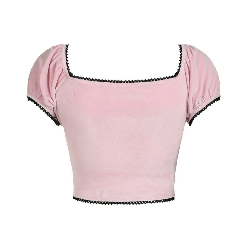 Voguable  Y2K Contrast Lace Stitching Square Collar Cropped Top Coquette Aesthetic Short Sleeve T-shirt Kawaii Tees