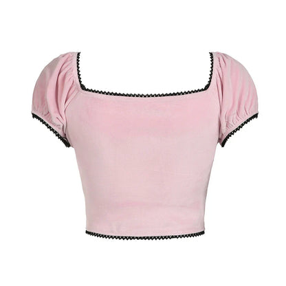 Voguable  Y2K Contrast Lace Stitching Square Collar Cropped Top Coquette Aesthetic Short Sleeve T-shirt Kawaii Tees