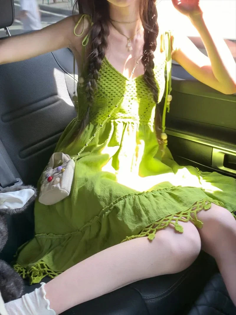 Y2k Leisure Holiday Wind Fruit Green Dress Cool Feel Lazy Wind Hollow Pendant Feeling Suspender Long-Short Dresse