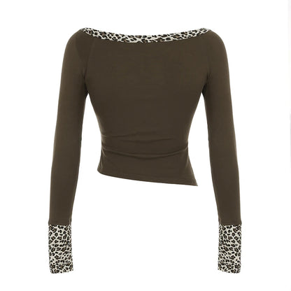 Y2k Trendy Retro Irregular Women¡¯s Tops Long Sleeve Patchwork Leopard Square Collar Button Chic Ripped T-Shirts