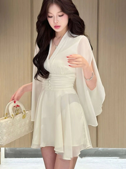 Elegant Solid Chiffon Short Dresses for Women V-neck Long Sleeve High Waist Ruffles A-line Korean Fashion One Piece Vestido New