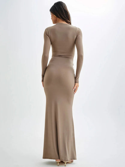 Diagonal Collar Long Sleeve Maxi Dress For Women Autumn Winter New Solid High Waist Ruched Bodycon Sexy Long Dress
