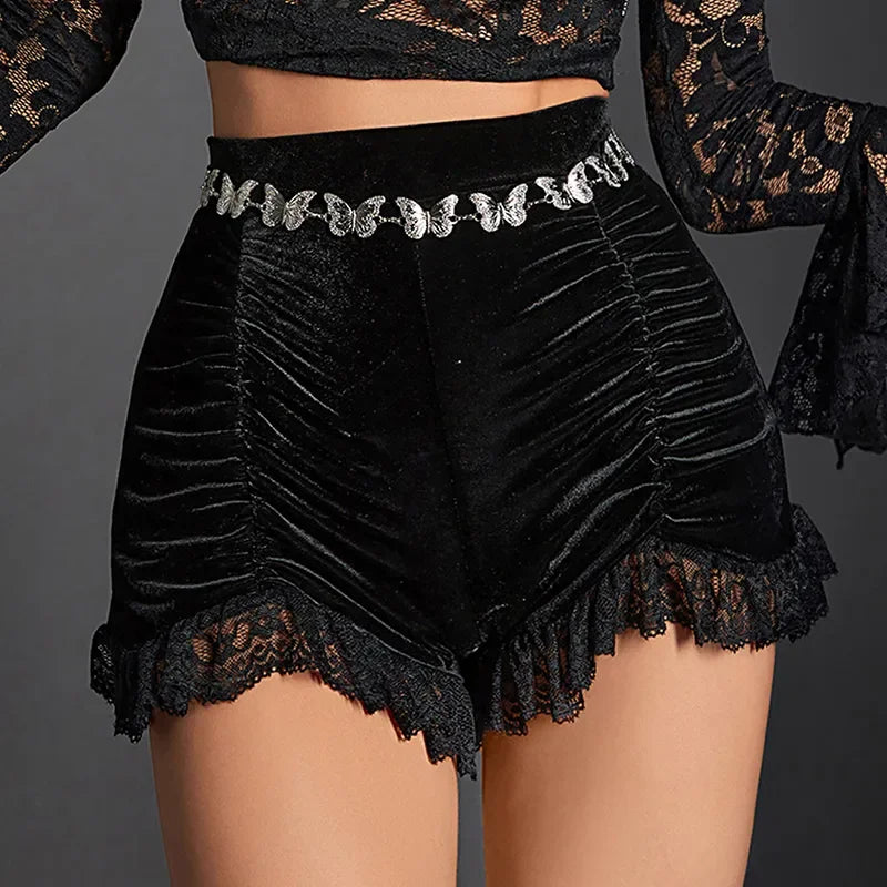 Black Ruched Velvet Shorts