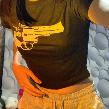 Y2K European and American Street Women’s Pistol Funny Print Short Naked T-shirt Fashion Slim Fit Casual Top