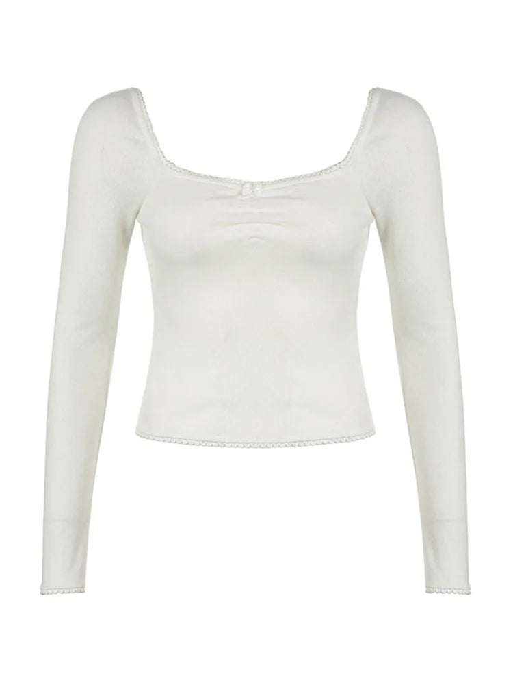 Korean Fashion Shirring Bow Square Collar Slim Long Sleeve Black T Shirt Women White Solid Basic Cute Japanese Top Tee