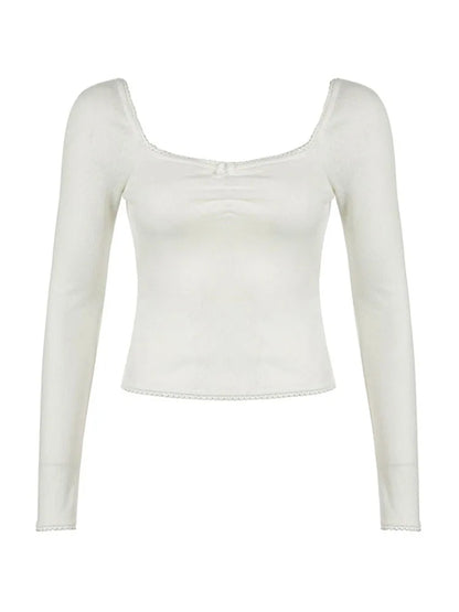 Korean Fashion Shirring Bow Square Collar Slim Long Sleeve Black T Shirt Women White Solid Basic Cute Japanese Top Tee