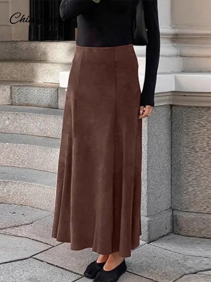 Vintage Suede Brown Skirts Women Fashion Pleated Slim Zipper Office Lady Skirts  Elegant Female High Waist Party Wear New