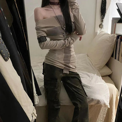 y2k Grunge Tops Women Fairycore Clothes Contrast Cross Off Shoulder Long Sleeve T Shirts 2000s Goth Clothing Streetwear
