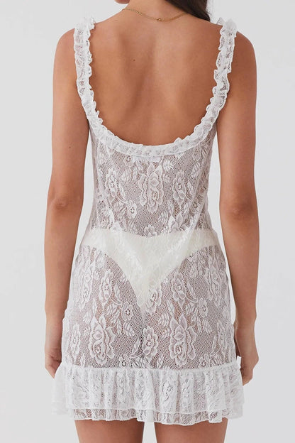 Lace See-Through Mini Dress with Sleeveless Straps