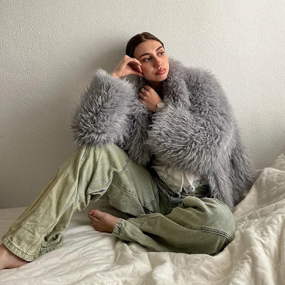Fluffy Faux Mongolian Fur Coat for Women  Winter Warm Furry Tibetan Sheep Fur Jacket Chic Female Shaggy Overcoat