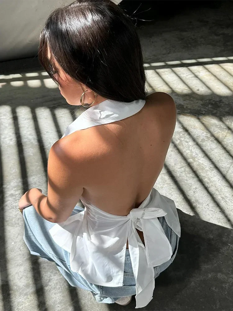 POLO Lapel Buttons Shirt Vest Backless Lacing Women's Clothing Halter Solid Tops For Female Versatile 2024 Summer Clothes
