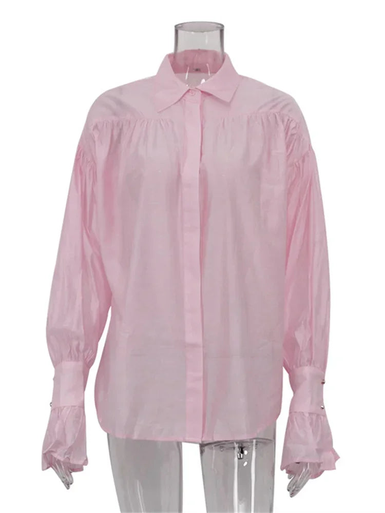 Casual Loose See-Through Shirts Women’s Autumn Lapel Long Sleeve Patchwork Blouse Top Streetwear Female Solid Shirts Top
