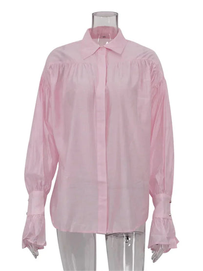 Casual Loose See-Through Shirts Women’s Autumn Lapel Long Sleeve Patchwork Blouse Top Streetwear Female Solid Shirts Top
