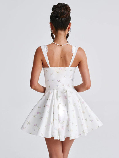 Sexy Sleeveless Deep V Backless Pleated Women Dress  Autumn New Hip Skirt Bodycon Sexy Slim Fit Printed Lace Dress