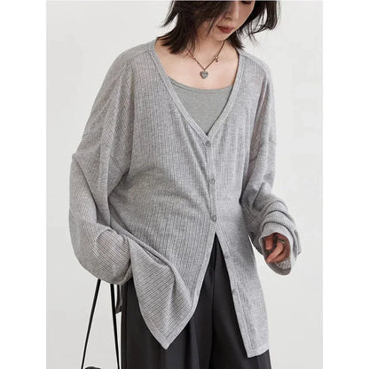 Solid V-neck Shirt Women Spring Single Breasted Chiffon Loose Slim All-match Sun Protection Thin Breathable Fashion Slim Cozy