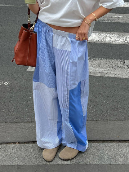 Grunge Aesthic Color Block Blue Stripe Baggy Trousers For Women Elastic Waist Loose Casual Woven Pants Lazy Homewear