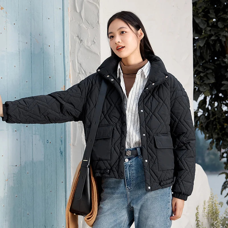 Cotton Clothing Women Stand Collar Loose  New Winter Texture Rhombus Cotton Coat Fashion Casual