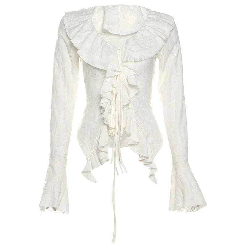 Fairycore Top White Clothes Gothic Ruffled V Neck Flared Long Sleeve Ripped Blouse Shirt y2k Aesthetic Clothing