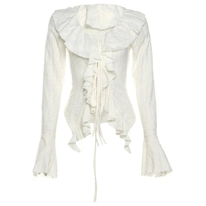 Fairycore Top White Clothes Gothic Ruffled V Neck Flared Long Sleeve Ripped Blouse Shirt y2k Aesthetic Clothing
