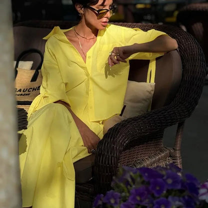Solid Pocket Blouse Two-piece Set Women Single Breasted Short Sleeve Blouse+Elastic Waist Long Skirts Elegant Casual Skirts Sets
