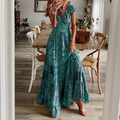 Bohemian Print Long Dresses Women V-neck Elastic Waist Short Sleeves Casual Vacation Style Dress Female Trendy Vintage Vestidos