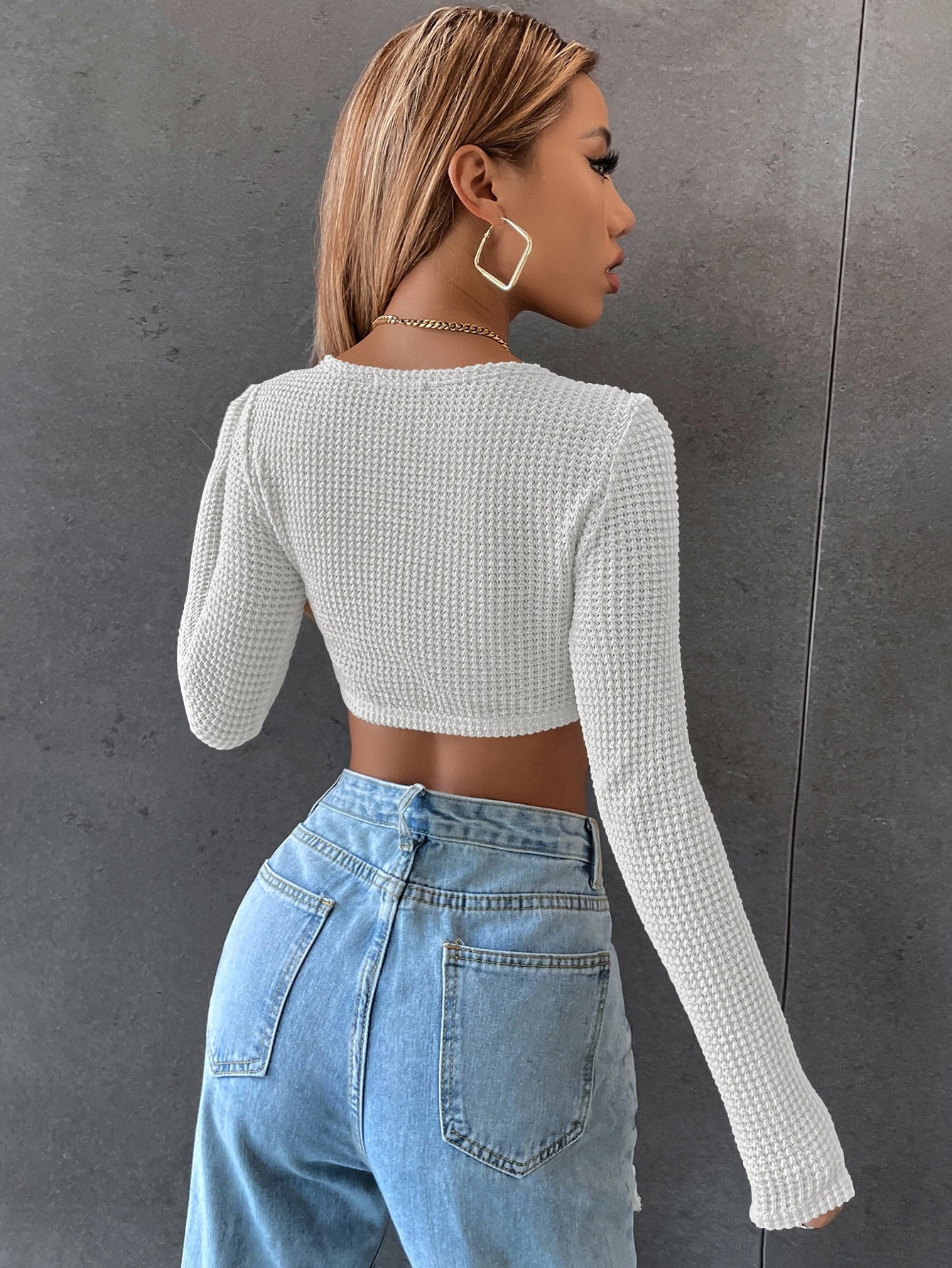 DressBetty - Long Sleeve Square Neck Knitted Crop Top Women Y2k Sexy T Shirts