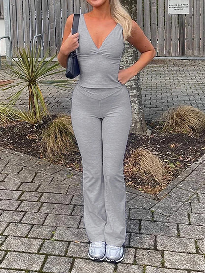 Gray Slim Sleeveless V Neck Vest And V Shape Waist Flared Leggings 2 Pieses Pants Sets Womens Summer Baddie Outfits