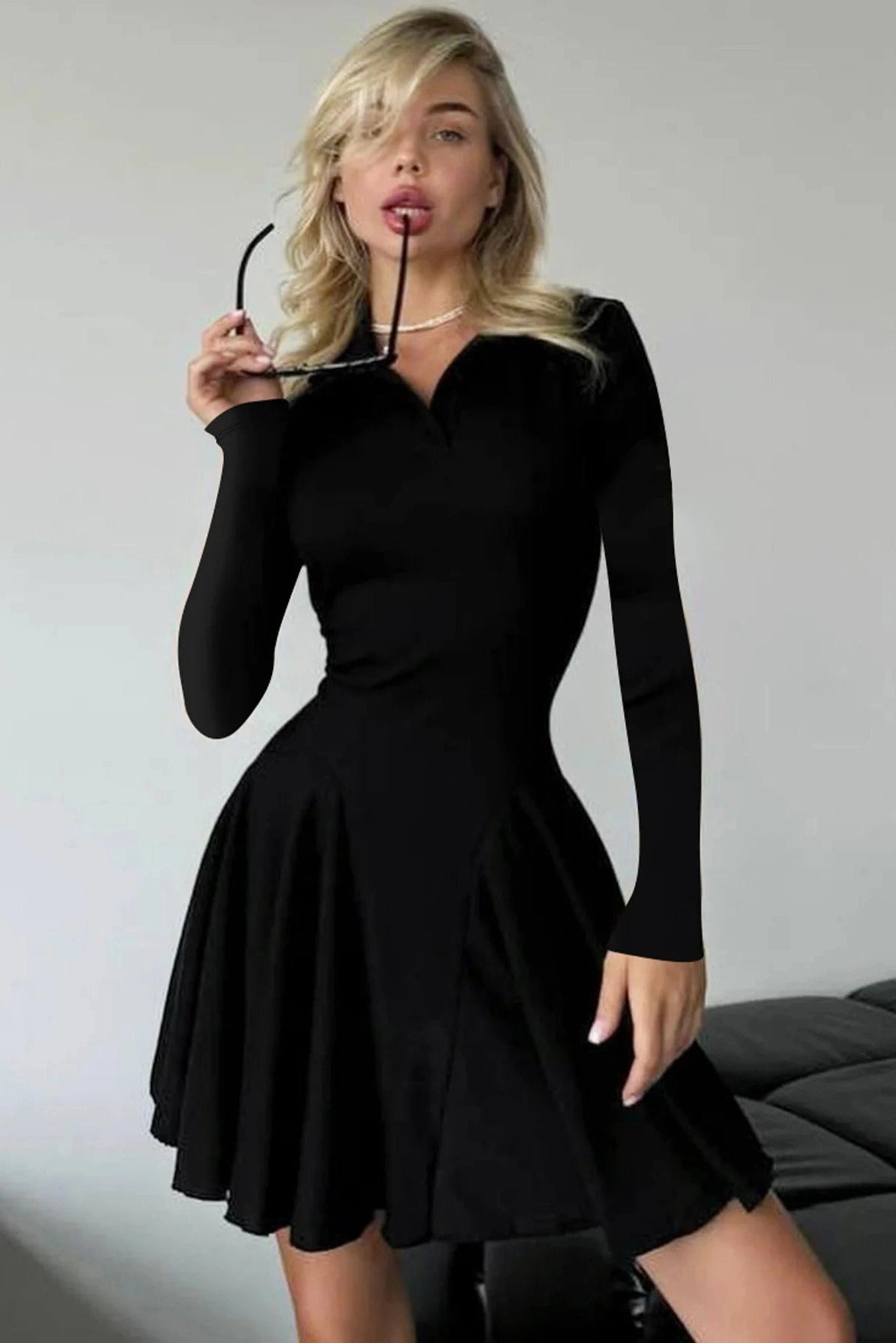 Patchwork High Waist Long Sleeve Mini Dress