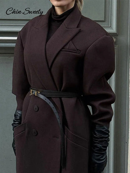 Elegant Lapel Pocket Woolen Long Trench Coat Women Fashion Full Sleeve Loose Overcoat  Autumn Winter Lady Commute Outwear