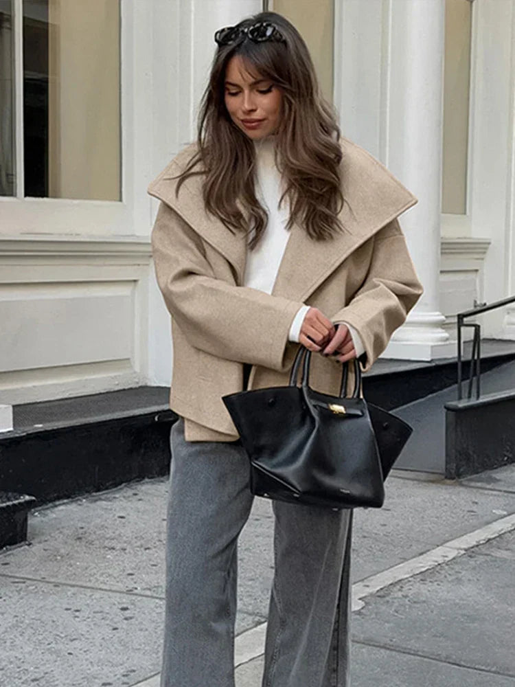 TAVIMART  -  Vintage Large Lapel Collar Short Coats Women Retro Casual Double-Breasted Pocket Coat Female Autumn Chic Loose Street Outwear
