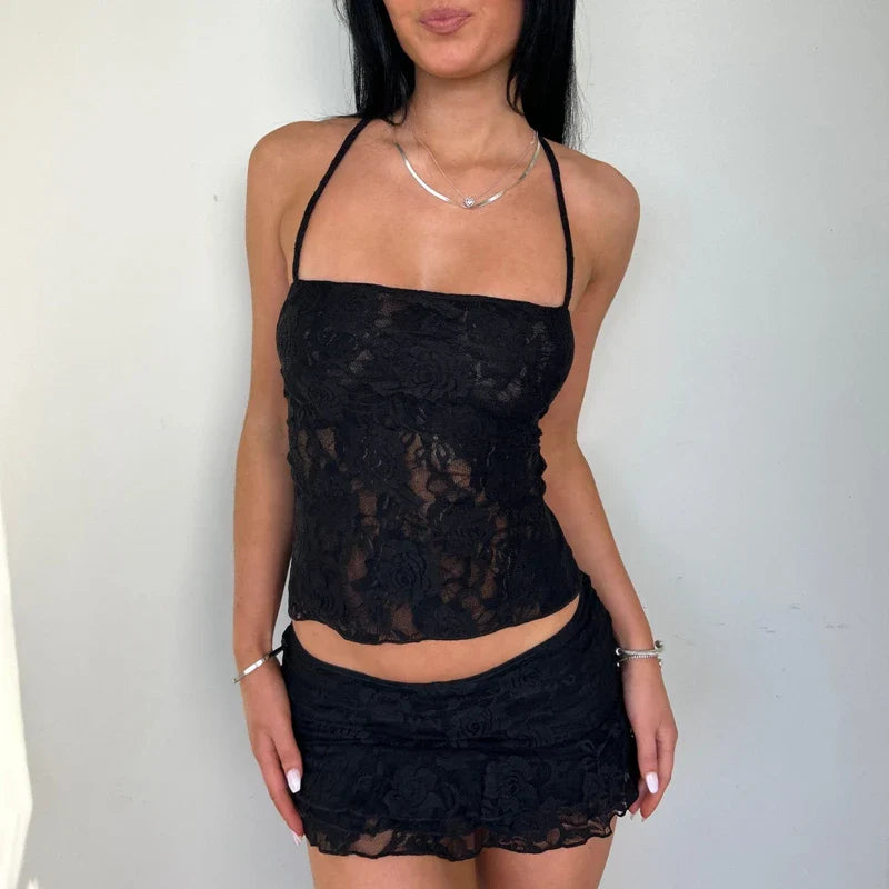 Lace Fairy Tie-Up Sleeveless Low Rise Mini Two Piece Skirt Set