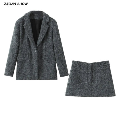 2 Pieces 1 Set  CHILL Notched Tweed Weave Oversized Blazer High Waist Package Hips A-line Mini Skirt Suits Matching Gray