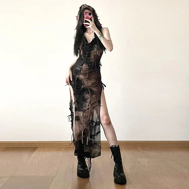Grunge Dress y2k Tie Dye Print Sleeveless Side Split Hooded Dress Gothic Party Dresses Halloween Costume