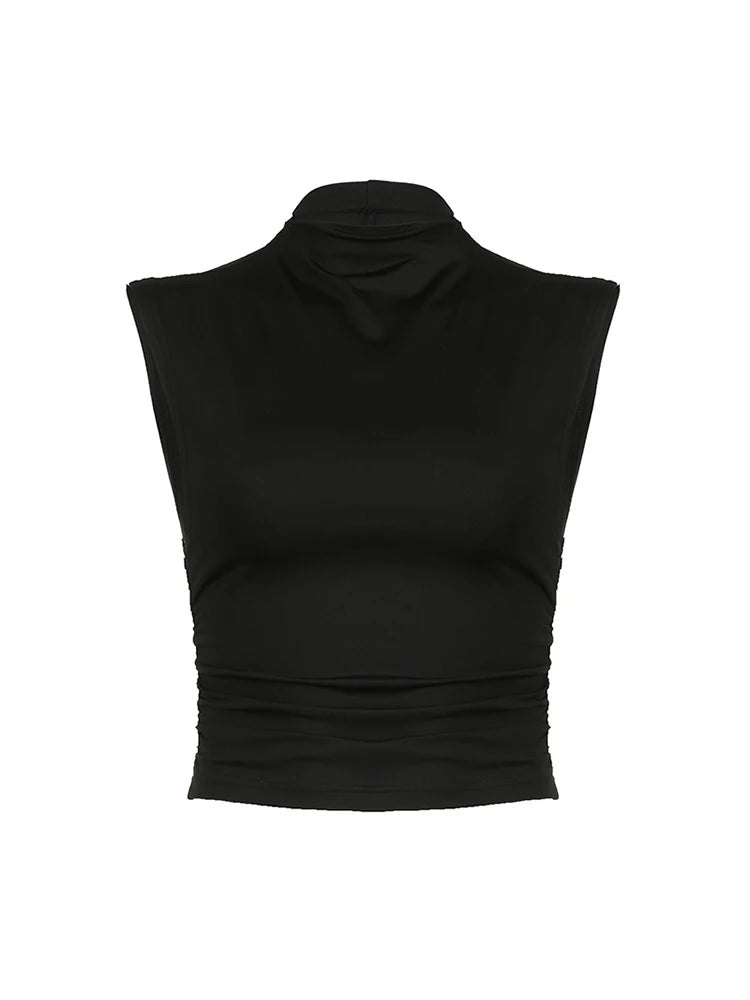 Turtleneck Sleeveless Vest Shirts Women Black Solid Simple Basic Elegant Tank Tee Side Shirring Slim Tops