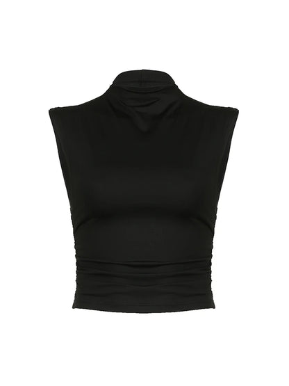 Turtleneck Sleeveless Vest Shirts Women Black Solid Simple Basic Elegant Tank Tee Side Shirring Slim Tops
