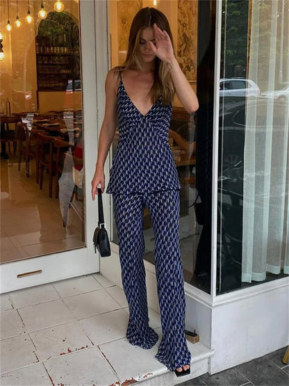 Printed Fashion Women’s Pants Outfits V-Neck Contrast Slim Pullover And Wide Leg Trousers 2 Piece-Set Clothes Casual Sets