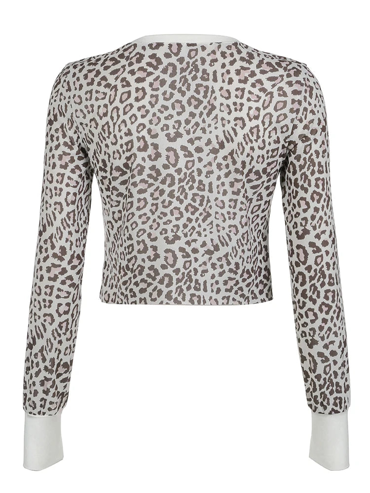 Patchwork Leopard Print Y2K Tee Button Up V Neck Contrast Color Long Sleeve Casual Knitted T Shirt Women