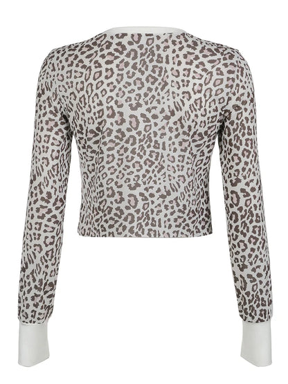 Patchwork Leopard Print Y2K Tee Button Up V Neck Contrast Color Long Sleeve Casual Knitted T Shirt Women