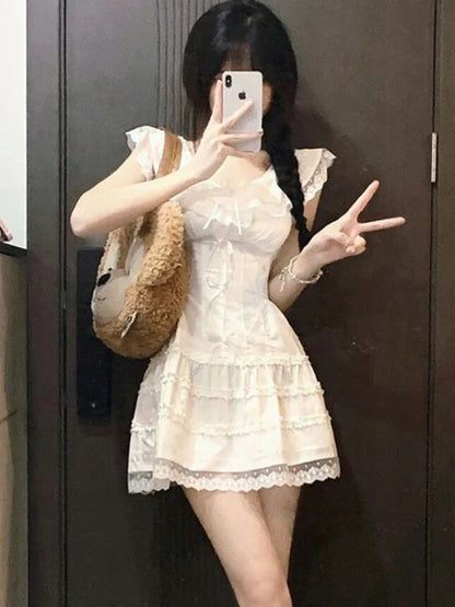 Voguable Y2k Coquette White Lolita Sweet White Kwaii Cute Mini Dress Lace Bow Princess Slip Lace Short Dresses Fashion
