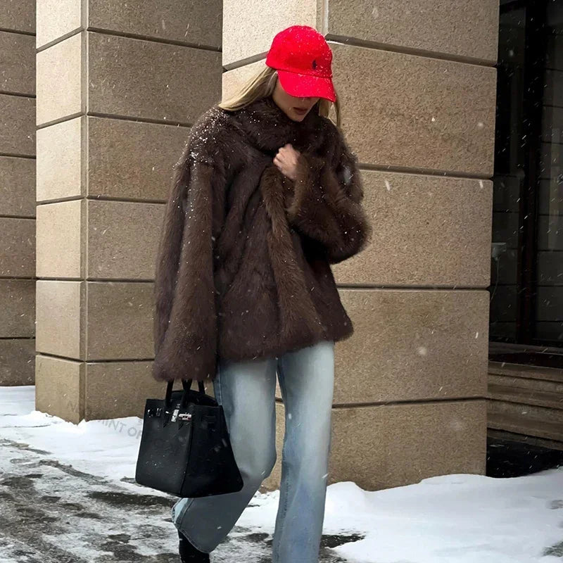 Winter Faux Fur Coat Women Brand Fashion Fluffy Fox Fur Outerwear Overcoat Girl Street Style Furry Warm Jacket