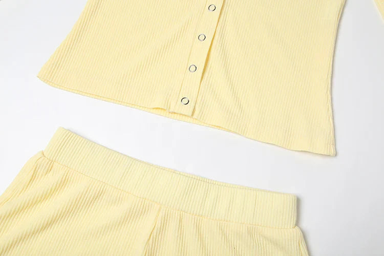 Leisure Stretch 2-Piece Set Women Single-Breasted Long Sleeves o-Neck Blouse+Basis Shorts Simple Classic Street Suits