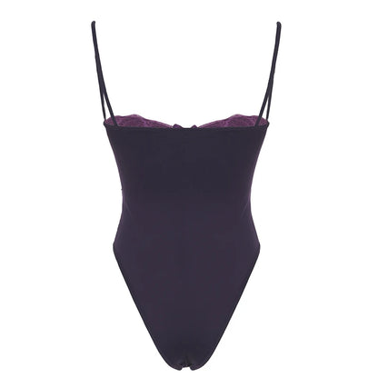 Lace Trim Bow Halter Rompers Women Sexy Hotsweet Fashion Patchwork Purple Bodysuit s Trendy New