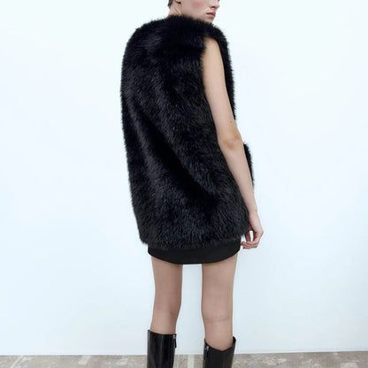 Brand Horn Buttons Long Faux Mink Fur Vest Tops Women Winter Sleeveless Overcoats Luxury Ladies Shaggy Waistcoat Gilets Casaco