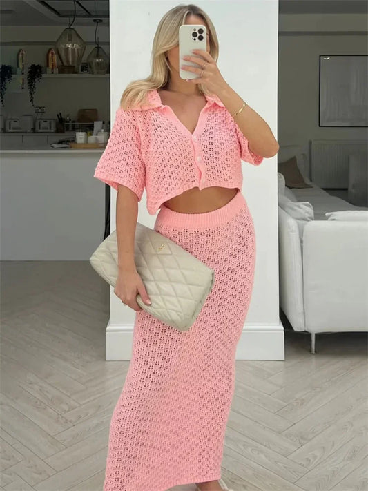Knit Hollow Out 2 Piece-Set Long Skirt Women&#8217;s Cropped Top Cardigan And High Waist Maxi Skirt Outfits Female Clothes