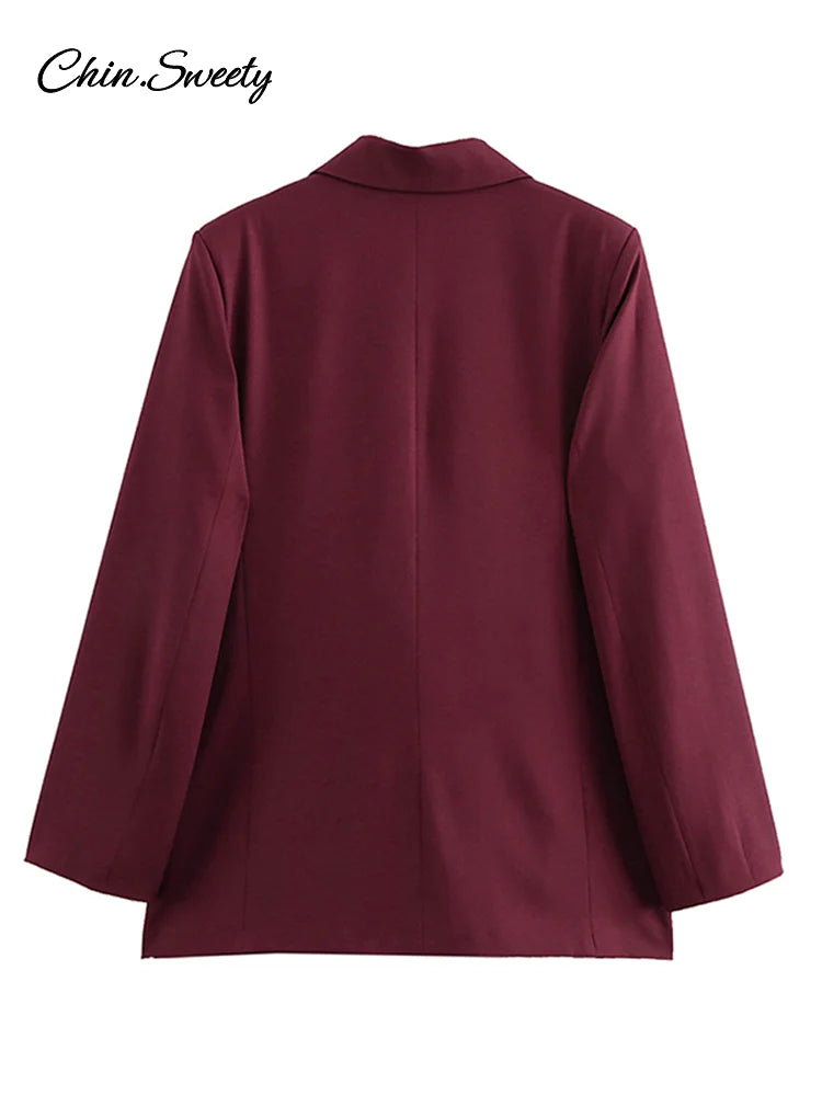 Fashion Burgundy Lapel Blazer Coat Women Elegant Double Breasted Full Sleeve Pocket Jacket  Fall New Female Commute Outwear