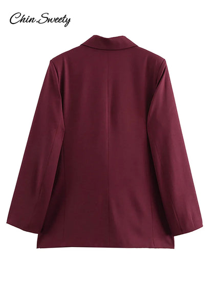 Fashion Burgundy Lapel Blazer Coat Women Elegant Double Breasted Full Sleeve Pocket Jacket  Fall New Female Commute Outwear